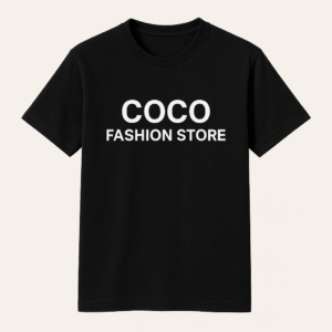 Black T-shirt with ‘COCO Fashion Store’ front print on a transparent background Small size